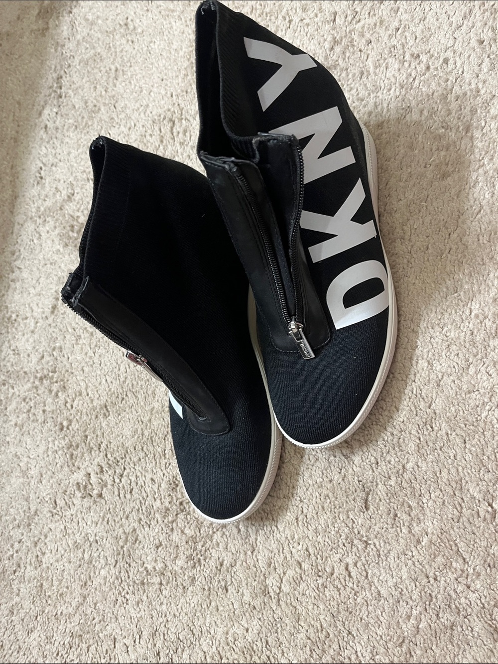 DKNY Black and White Logo Zip Sock Sneakers